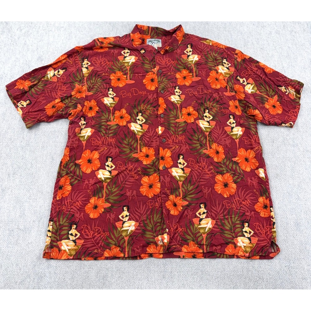 Vintage Big Dogs Polo Shirt Men 3X Red Floral Hawaiian Button Up Rayon Martini